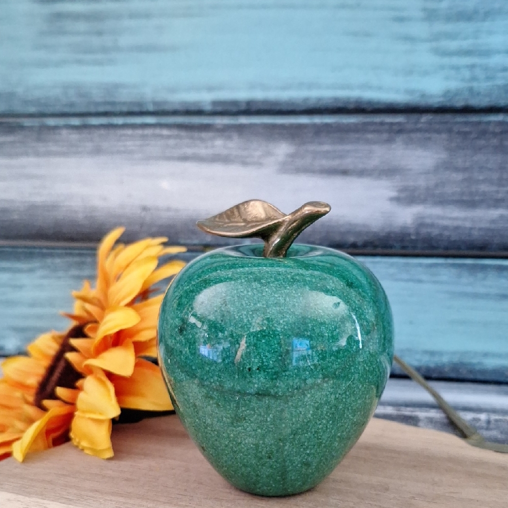 #AEA  Solid Green Marble Apple Paperweight with Brass Leaf